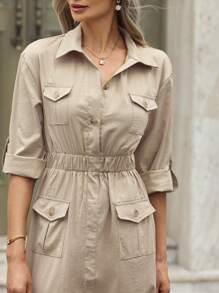 Mulvari 纯色纽扣前半襟收腰口袋翻盖连衣裙，女士休闲口袋七分袖领口常规版型长款卡其粘胶卷起袖纯色衬衫女式长裙，春季/秋季，休闲日常穿着长款女装