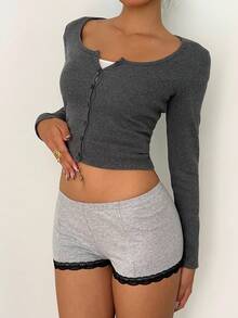 Aloruh Quần short cạp chun phối ren tương phản thường ngày mùa hè dành cho nữ - Màu Xám nhạt - Xem 5