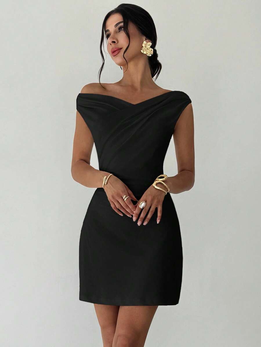 Firerie 女士优雅简约时尚性感日常通勤音乐节度假不对称领口垂坠白色 A 字迷你连衣裙，春夏 - 黑色 - 查看 1