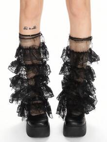 ROMWE Kawaii 1 Pair Elegant Black Lace Layered Tulle Glitter Moon & Star Leg Warmers - Black - View 4