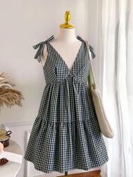 Comfortcana Plus Size Women V-Neck Black And White Plaid Tie Front Casual Dress For Vacation,Babydoll,Fall,Country Concert Outfit,Rave,Business Casual,Office Outfits,Work,Teacher,Back To School