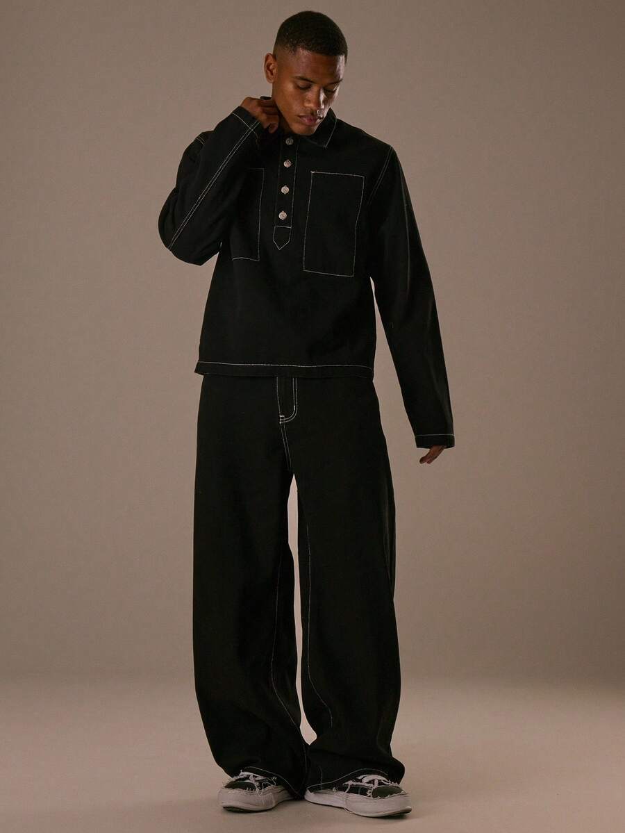 Musero 水洗直筒撞色缝线牛仔裤（仅裤子）/冬季 - 黑色 - 查看 1