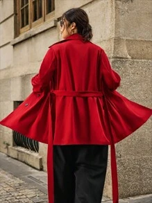 SHEIN Clasi 大码纯色双排扣系带长袖风衣 - 酒紅色 - 查看 2