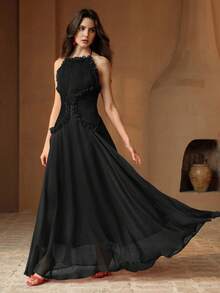 Anewsta Váy cocktail mini cao cấp, dây mảnh màu đỏ thanh lịch, eo nhún bèo, viền nhún bèo - màu đen - Xem 4