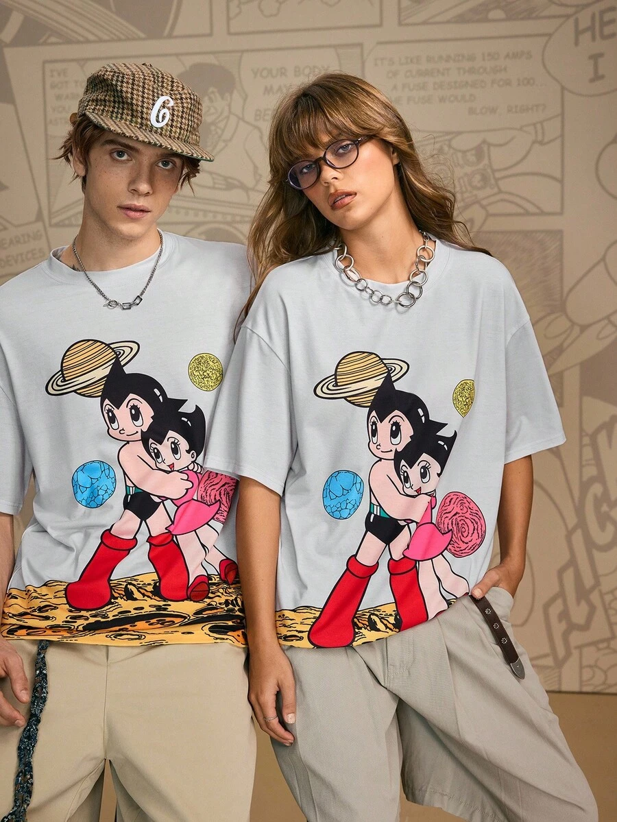 Astro Boy X SHEIN Men's 1pc Cartoon Figure Graphic Round Neck Drop Shoulder Oversize Short Sleeve T-Shirt - Grey - View 1
