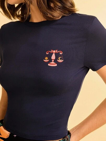 CAJUNI Women's Tropical Bohemian Style Libra Constellation Print Navy Blue Casual Cropped T-Shirt