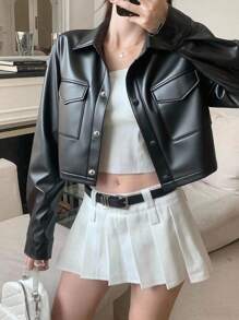 SHEIN 青少年女孩纽扣前翻盖口袋落肩短款 PU 皮夹克，休闲街头风格，男女通用 - 黑色 - 查看 1