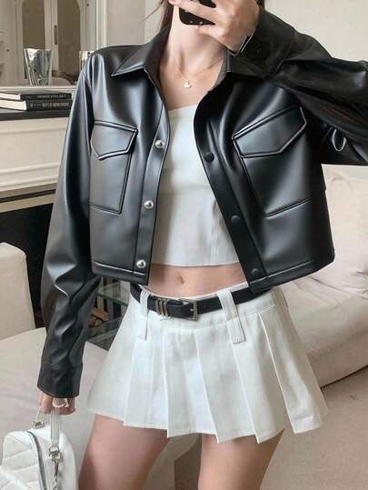SHEIN 青少年女孩纽扣前翻盖口袋落肩短款 PU 皮夹克，休闲街头风格，男女通用