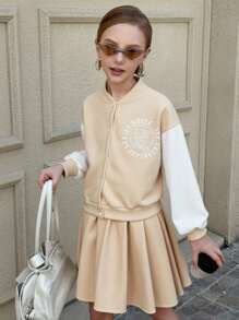 Women's Zip-Up Bomber Jacket With Contrast Sleeves And Pleated Mini Skirt Set - Khaki - View 1