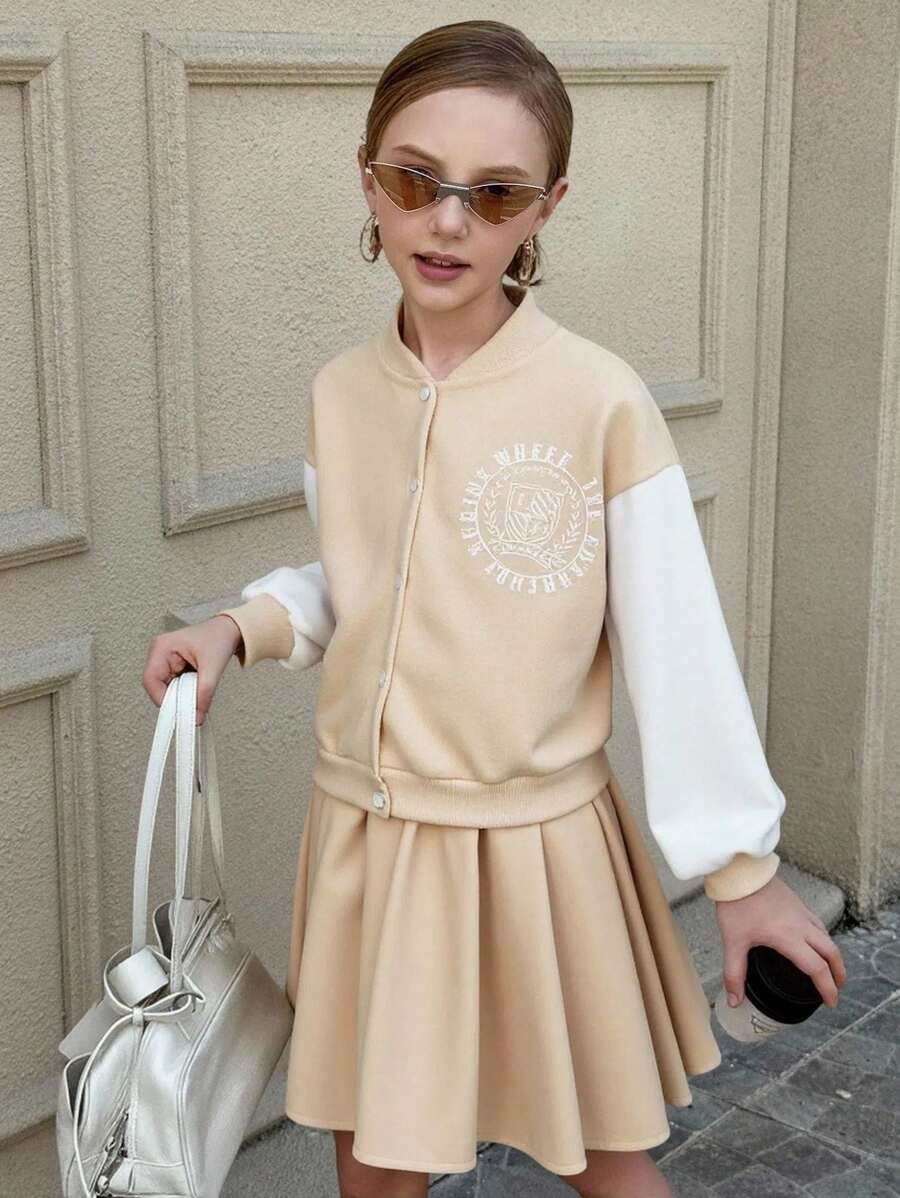 Women's Zip-Up Bomber Jacket With Contrast Sleeves And Pleated Mini Skirt Set - Khaki - View 1