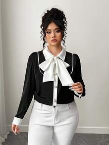 Elenzga بلوزة نسائية كبيرة الحجم بأكمام طويلة وياقة ربطة عنق بلون متباين