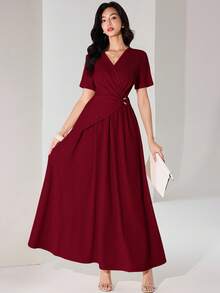 Heiryn 女士优雅纯色裹身长裙，夏季 - 酒紅色 - 查看 6