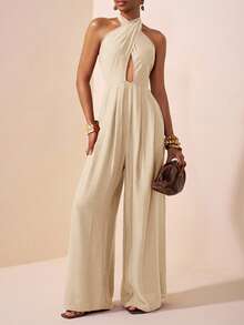 Zivah 2025夏季新款音乐节复活节母亲节婚礼生日派对日常出游基础百搭休闲度假邮轮旅行沙滩海边日光浴网红爆款街头风优雅通勤商务休闲深V领挂脖交叉绑带性感露背百褶宽松阔腿裤女连体裤 - 杏色 - 查看 4