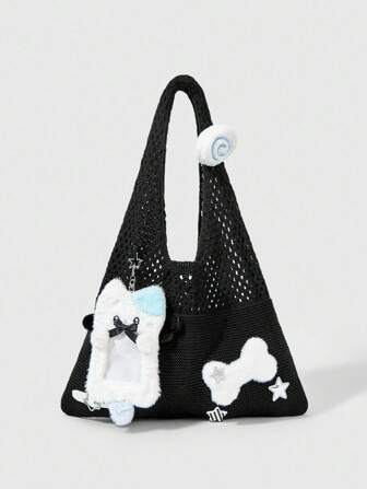 Anime 1 pieza Bolso de hombro de mujer a rayas con estampado de estrellas, con diseño lindo y kawaii en color negro, incluye una funda de tarjetas con motivo de gato para tarjetas de identificación/universitarias, adecuado para el uso diario, viajes, compras