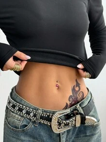 Coolane Áo thun crop top hở vai cổ bất đối xứng màu đen co giãn, tối giản Y2K, mặc thường ngày, ấm áp, có mũ trùm đầu, chất liệu nỉ dành cho nữ mùa thu - màu đen - Xem 2