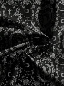 ROMWE Goth 哥特式黑暗猫十字月宫奢华黑暗恐怖浪漫藤蔓印花黑色加大码裤子，万圣节