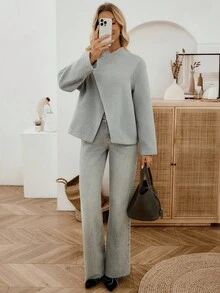 SHEIN LUNE Women's Solid Color Oblique Placket Long Sleeve Loose Woolen Coat,Light Grey Autumn Casual Everyday Business Jacket,Modern Winter Clothes For Woman - Grey - View 6