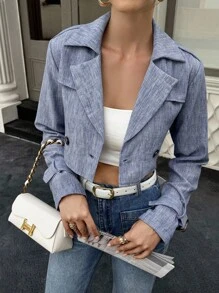 SHEIN LUNE Jaqueta Casual Curta com Colarinho e Dupla Fileira de Botões para Mulheres - Azul Empoeirado - Visão 3