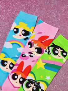 THE POWERPUFF GIRLS X SHEIN 3 Pairs Blossom, Bubbles, Buttercup Pattern Cotton Soft & Breathable Moisture-Wicking Kids Mid-Calf Socks Colorful Cute Crew Socks Reinforced Toe & Heel For Durability Unisex For Boys & Girls All Seasons All-Match School & Outdoor,Y2K - Multicolor - View 5