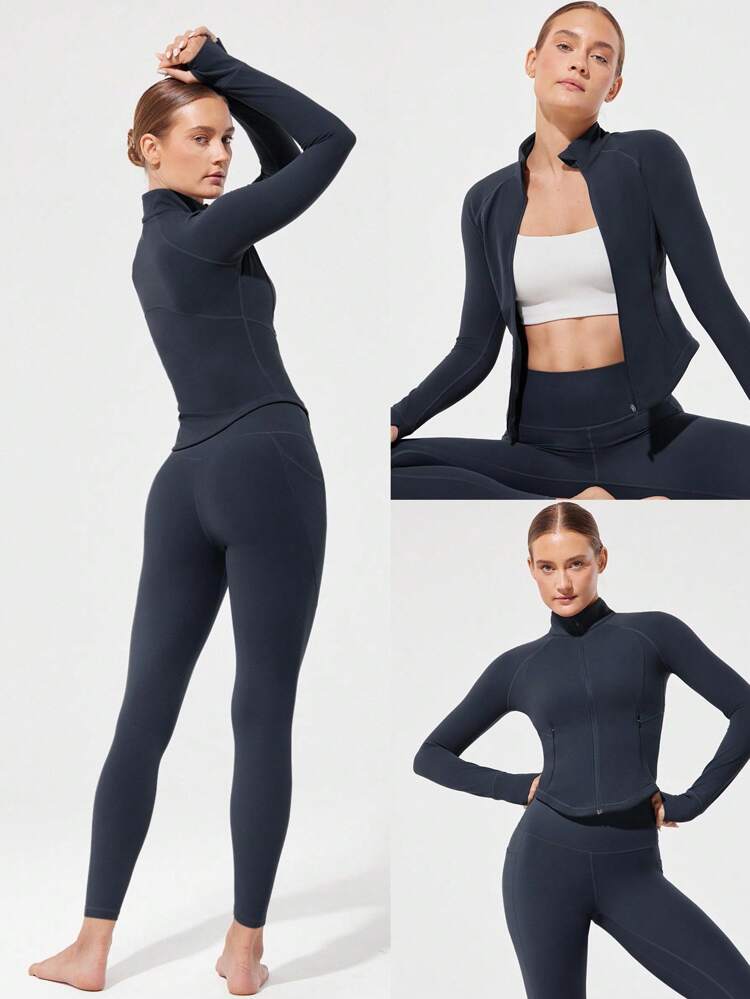 FeatherFit™ Studio Ready Zipper Pockets Slim Fit Long Sleeve Thumbholes Active Jacket Low Impact Yoga Pilates Studio Gym Daily  Spring Summer