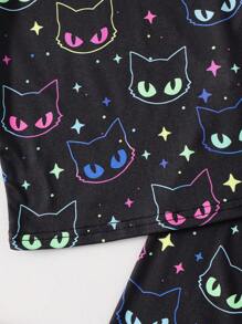 SHEIN 2pcs/Set Young Girls Glowmode Glow-In-The-Dark Cartoon Cat Print T-Shirt Leggings Snug Fit Pajamas Black Summer Fairy Family Matching Sleepwear Set - Black - View 4
