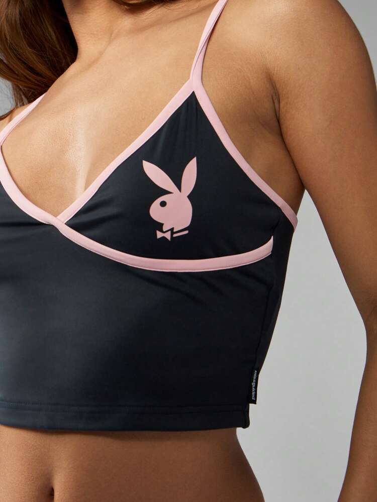 Missguided x Playboy Krótki top z krótkim rękawem Bunny Cami z różowym wykończeniem, dekoltem w serek, bez rękawów, letni festiwal, moda Y2K