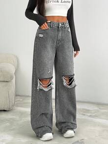 EURMUSE Lässige schwarze weite Jeans mit Destroyed-Effekt