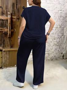 EMERY ROSE 2pcs Navy Blue Solid Color Plus Size Women Casual Set, Suitable For Summer - Navy Blue - View 2