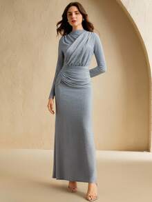 Anewsta Draped Textured High Stretch Knit Sculpting Ruched Curve Fitted Waist Long Sleeve Dress