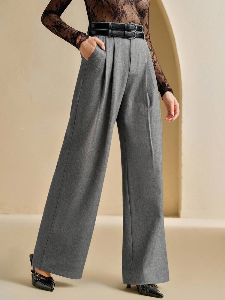 Anewsta Women Elegant High-Grade Gray Double Belt Design Simple Versatile Lightweight Commute Straight-Leg Dress Pants, Suitable For Formal, Party, Chic, Work, Graduation