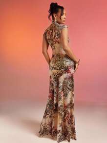 SHEIN Haute 抽象花卉动物印花蕾丝网眼连衣裙 - 彩色 - 查看 2