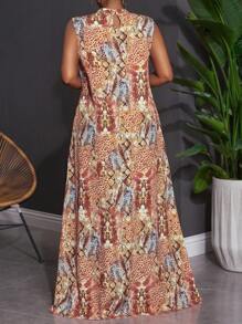 Slaydiva 2025 Spring/Summer Plus Size Sleeveless Floral Print A-Line Casual Dress With Pockets,Elegant Brown Boho Vacation Holiday Women's Maxi Flowy Dress - Multicolor - View 2