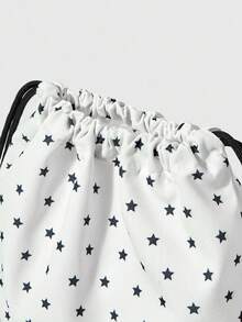 ROMWE Anime 星星印花撞色蕾丝边透明拉链口袋大容量多功能白色抽绳背包，可爱动漫风格，适合上学、通勤、休闲日常使用