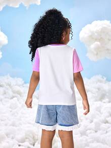 SHEIN X Care Bears T-shirt à manches courtes avec motif ours de dessin animé mignon et blocs de couleur, convient pour le printemps, l'été et l'automne