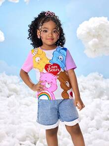 SHEIN X Care Bears T-shirt à manches courtes avec motif ours de dessin animé mignon et blocs de couleur, convient pour le printemps, l'été et l'automne