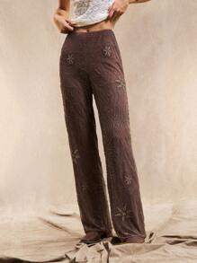 Easelle Quần ống đứng dáng rộng màu nâu họa tiết hạt phong cách Bohemian dành cho nữ, mùa hè - màu nâu - Xem 5