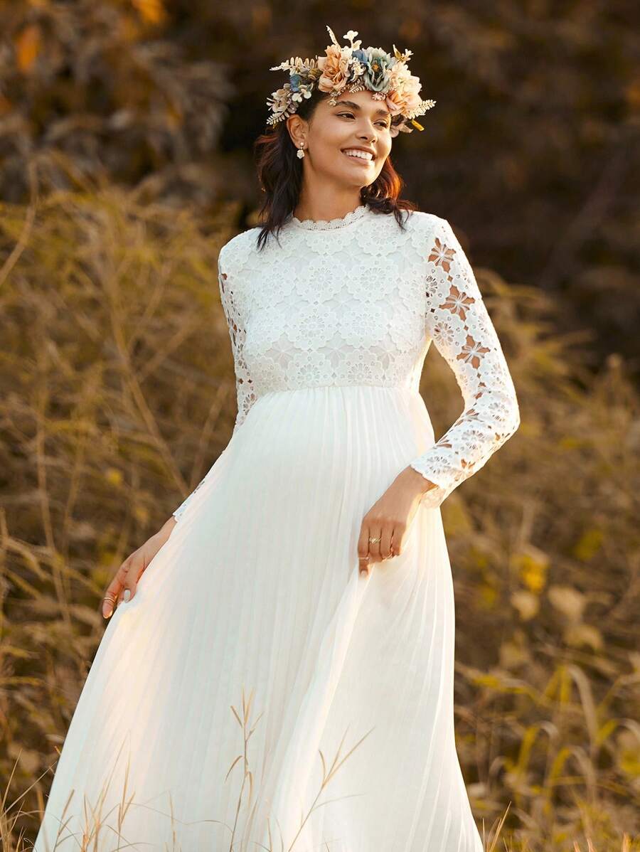 SHEIN Autumn And Winter BOHO Pregnant Women's Contrast Lace Long Sleeve Elegant Dress - White - View 1