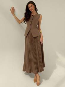 Aloruh Women's Elegant Commuter Solid Color Vest & Pleated Skirt Suit In Fall/Winter - Brown - View 6