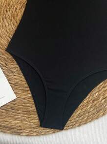 SHEIN Swim Summer Beach Solid Ruffle Trim One Piece Swimsuit - Black - View 4