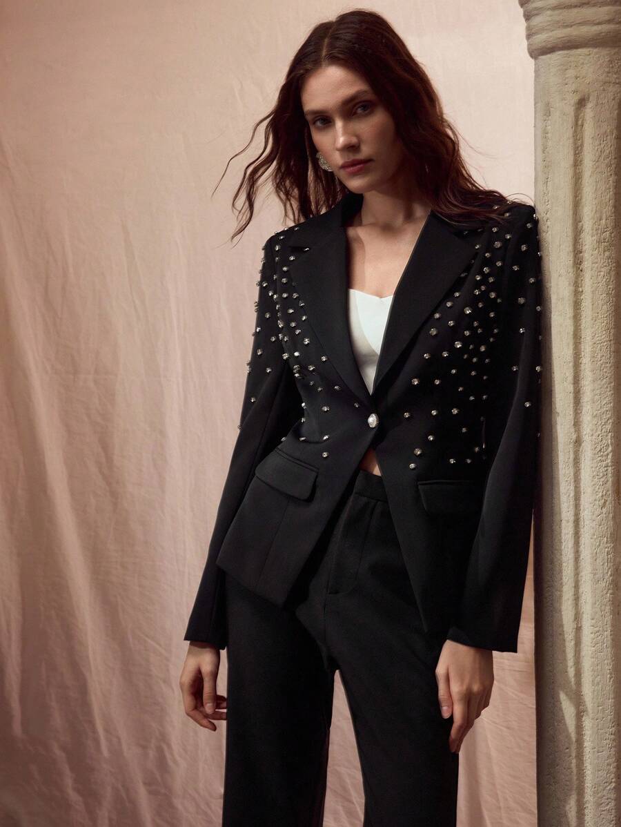 MOTF PREMIUM 女士秋季水钻装饰翻领优雅时尚西装外套 - 黑色 - 查看 1