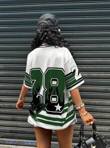 Rovax Damen Lässig V-Ausschnitt Shirt mit Buchstaben- und Zahlenprint, weite Schultern, kurze Ärmel, Sommer