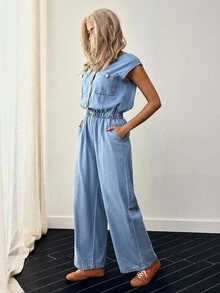 EMERY ROSE Women's Casual Fashion V-Neck Button Up Denim Jumpsuit