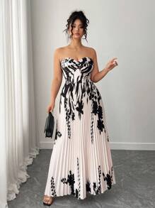 Elenzga 大码优雅露肩百褶花卉印花连衣裙，夏季 - 杏色 - 查看 5