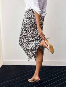 EMERY ROSE Women Leopard Print Slit Skirt, Casual Vacation - Multicolor - View 4