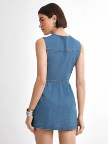 Daynim Women's Casual Single-Breasted Round Neck Sleeveless Denim Dress