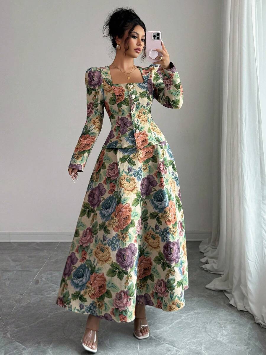 Elenzga 女士优雅秋季方领泡泡袖上衣和 A 字形纹理玫瑰提花裙两件套 - 彩色 - 查看 1