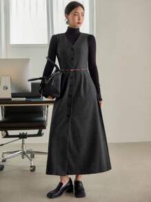 Dazy-Less Women's V-Neck Wool Blend Sleeveless Cinched Waist Midi Dress, Loose Fit Business Casual Office Commuter Wear, Autumn/Winter