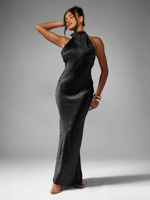 MISSGUIDED 纹理挂脖长裙高领露背晚礼服拖地长裙派对婚礼宾客特殊场合正式服装 - 黑色 - 查看 1