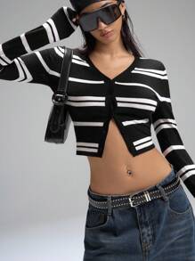 LYSMO 女士秋冬条纹长袖单排扣休闲短款开衫 - 黑與白 - 查看 7