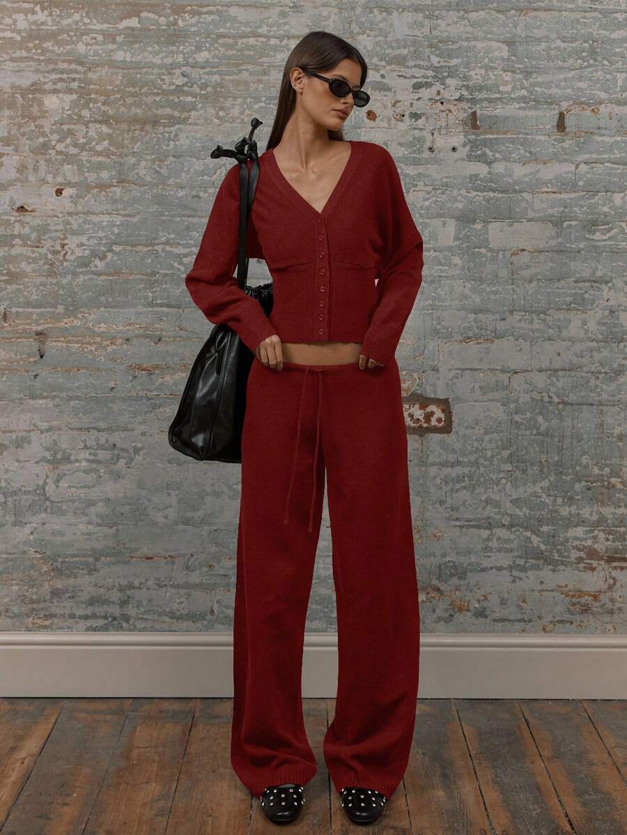 MUSERA Low Rise Drawstring Waist Rib Knit Wide Leg Casual Trousers Airport Holiday Vacation Summer Beach Fall Autumn Winter Everyday  Office  Chic - Burgundy - View 1